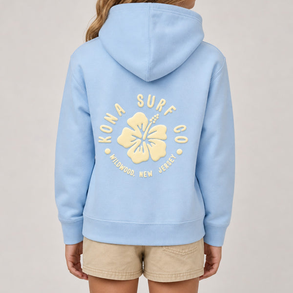 Hibiscus Puff Girls Pullover Hoodie - Light Blue