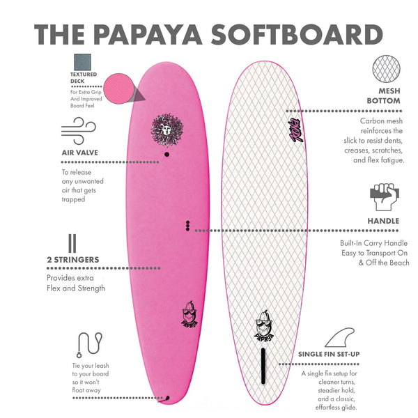 Papaya - Soft Top Foam Surfboard - Includes Leash and Fins - Pink