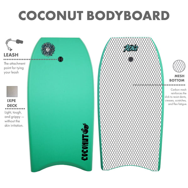 Coconut Foam Bodyboard for Adult and Kid Riders with Leash - Aqua