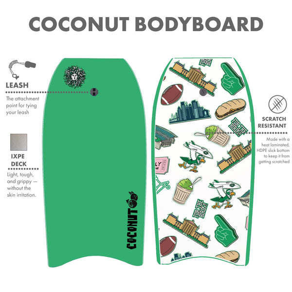 Coconut Foam Bodyboard for Adult and Kid Riders with Leash - Green For the Birds