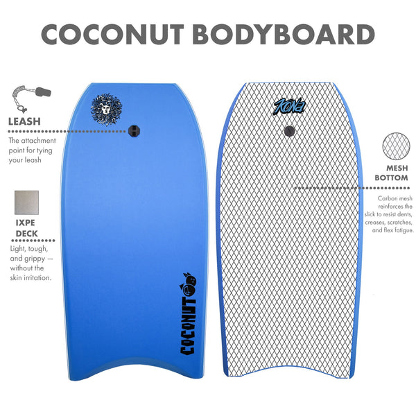 Coconut Foam Bodyboard for Adult and Kid Riders with Leash - Light Blue