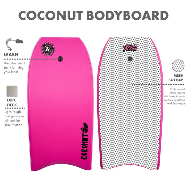Coconut Foam Bodyboard for Adult and Kid Riders with Leash - Pink