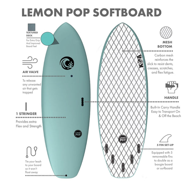 KO'A Lemon Pop 5ft 10in Small Wave - Soft Top Foam Surfboard - Includes Leash and Fins