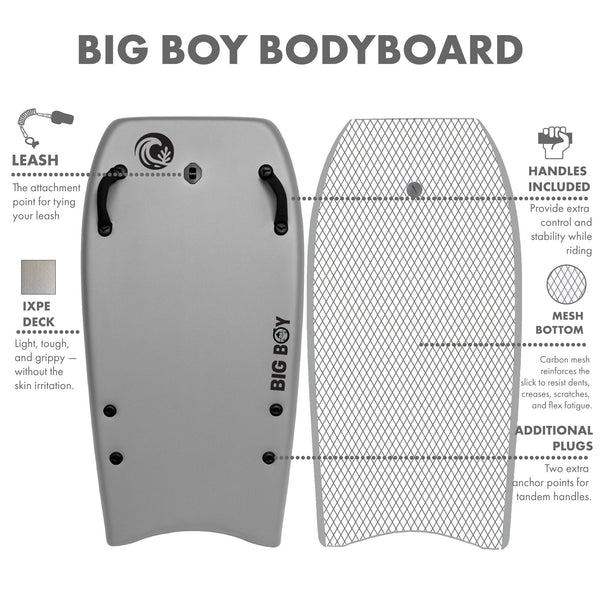 KO'A Big Boy Large 50in Foam Bodyboard for Adult and Kid Riders with Leash - Grey