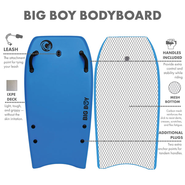 KO'A Big Boy Large 50in Foam Bodyboard for Adult and Kid Riders with Leash - Lt. Blue