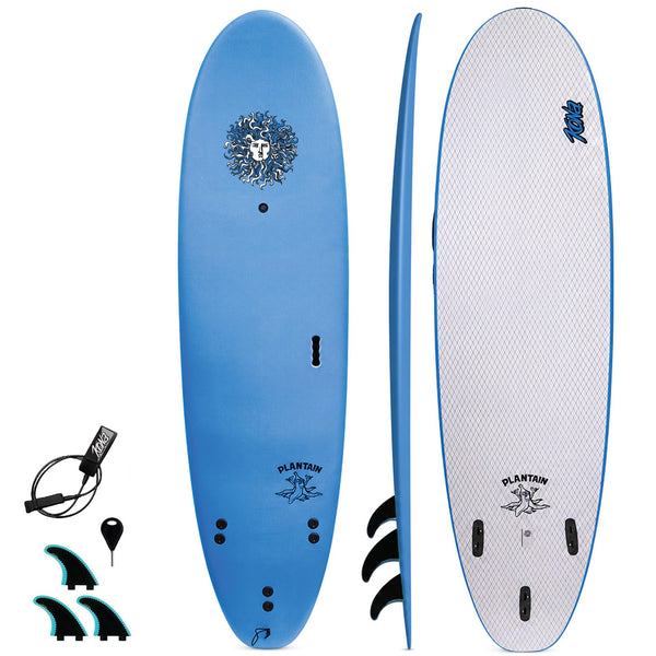 Plantain - Soft Top Foam Surfboard - Includes Leash and Fins - Lt. Blue