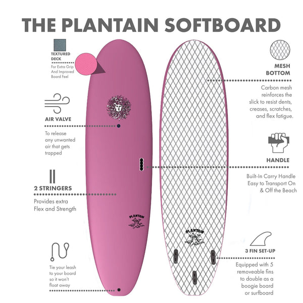 Plantain - Soft Top Foam Surfboard - Includes Leash and Fins - Pink
