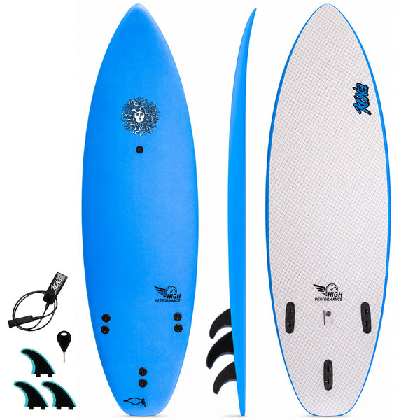 High Performance - Soft Top Foam Surfboard - Includes Leash and Fins - Lt. Blue