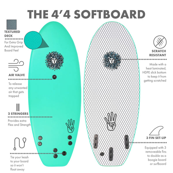 The 4-4 Soft Top Short Foam Surfboard for Beginners and Kids - Includes Leash + Fins