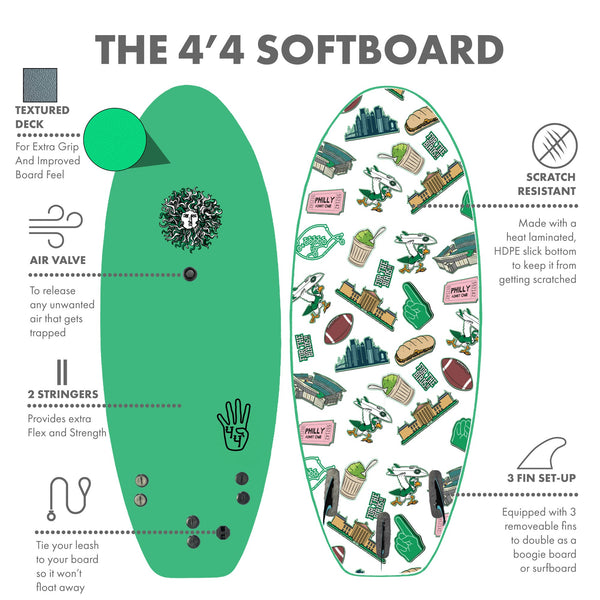 The 4-4 Soft Top Short Foam Surfboard for Beginners and Kids - Includes Leash + Fins