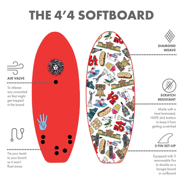 The 4-4 Soft Top Short Foam Surfboard for Beginners and Kids - Includes Leash + Fins