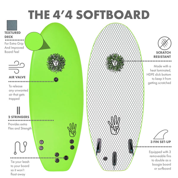 The 4-4 Soft Top Short Foam Surfboard for Beginners and Kids - Includes Leash + Fins