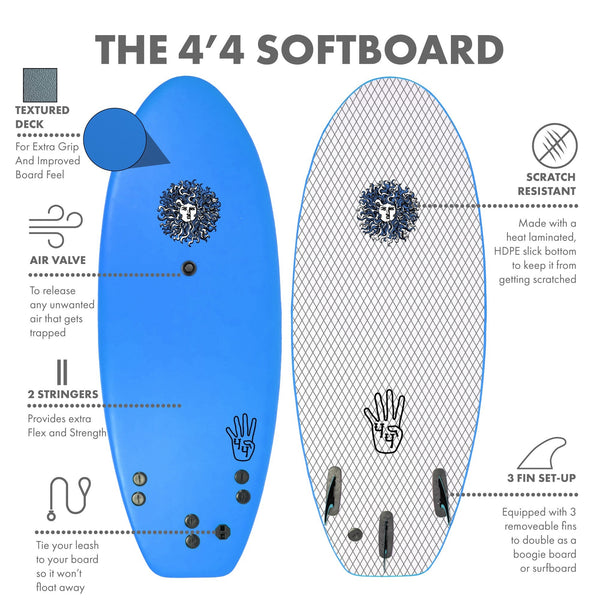 4-4 4ft 4in Bodyboard - Soft Top Short Foam Surfboard for Beginners and Kids - Includes Leash and Fins