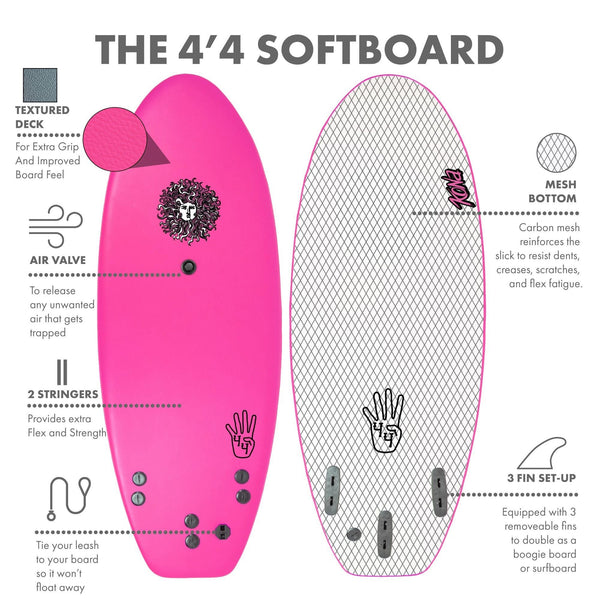 4-4 4ft 4in Bodyboard - Soft Top Short Foam Surfboard for Beginners and Kids - Includes Leash and Fins - Pink