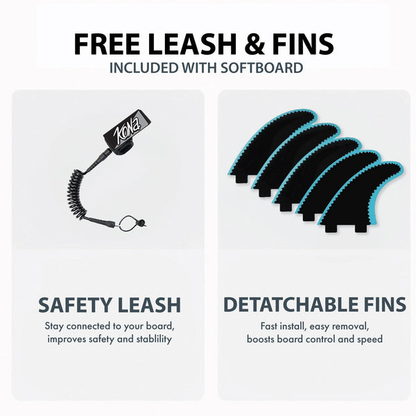 The 4-4 Soft Top Short Foam Surfboard for Beginners and Kids - Includes Leash + Fins