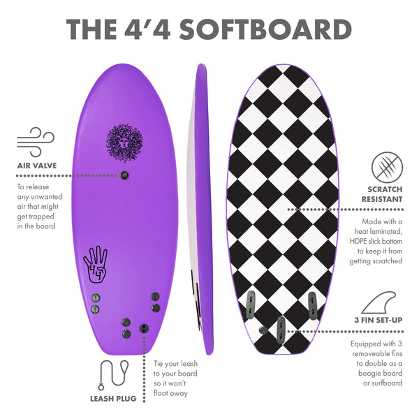 The 4-4 Soft Top Short Foam Surfboard for Beginners and Kids - Includes Leash + Fins