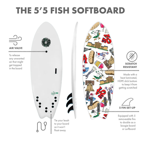 5-5 Soft Top Short Foam Surfboard for Beginners and Kids - Includes Leash + Fins