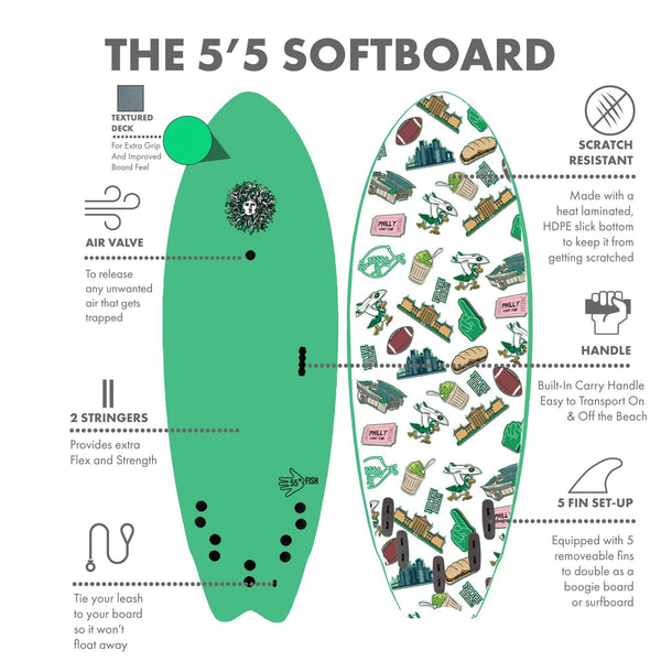 5-5 5ft 5in Fish - Soft Top Short Foam Surfboard for Beginners and Kids - Includes Leash and Fins