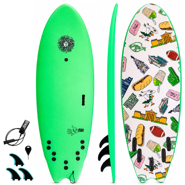 5-5 5ft 5in Fish - Soft Top Short Foam Surfboard for Beginners and Kids - Includes Leash and Fins - Green For the Birds