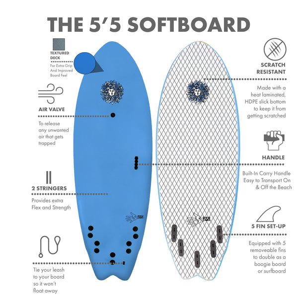 5-5 Soft Top Short Foam Surfboard for Beginners and Kids - Includes Leash + Fins