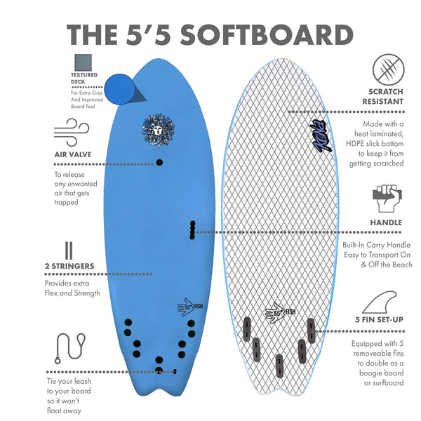 5-5 5ft 5in Fish - Soft Top Short Foam Surfboard for Beginners and Kids - Includes Leash and Fins - Lt Blue