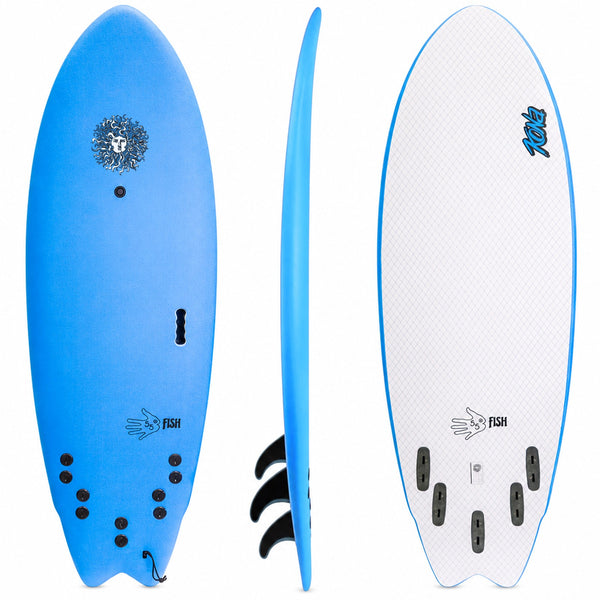 5-5 5ft 5in Fish - Soft Top Short Foam Surfboard for Beginners and Kids - Includes Leash and Fins - Lt Blue