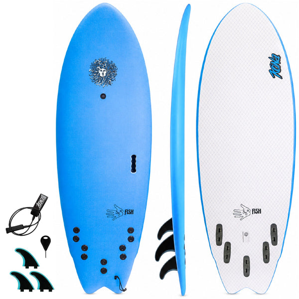 5-5 5ft 5in Fish - Soft Top Short Foam Surfboard for Beginners and Kids - Includes Leash and Fins - Lt Blue