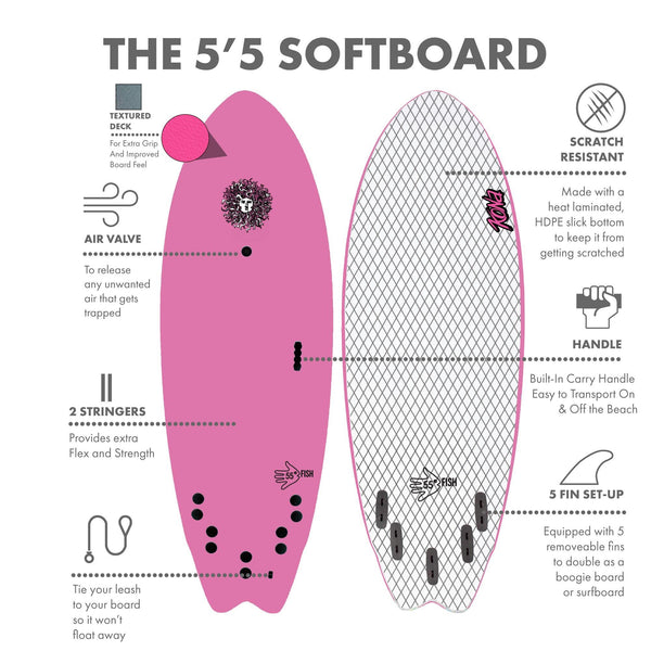 5-5 Soft Top Short Foam Surfboard for Beginners and Kids - Includes Leash + Fins - Pink