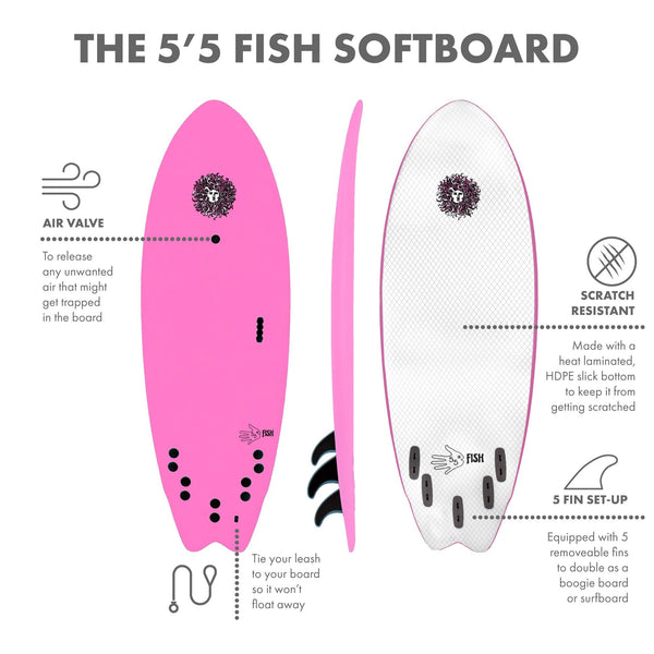 5-5 Soft Top Short Foam Surfboard for Beginners and Kids - Includes Leash + Fins