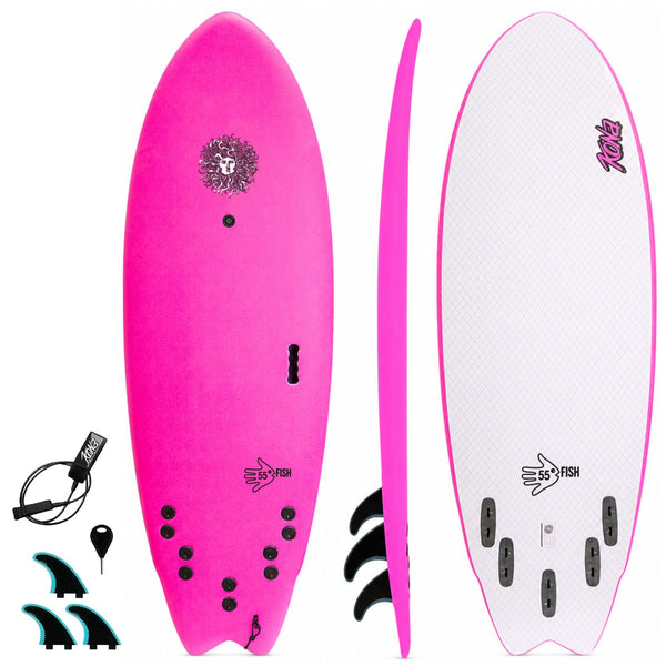 5-5 5ft 5in Fish - Soft Top Short Foam Surfboard for Beginners and Kids - Includes Leash and Fins - Pink