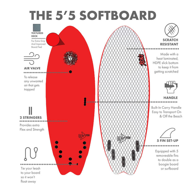 5-5 Soft Top Short Foam Surfboard for Beginners and Kids - Includes Leash + Fins - Red