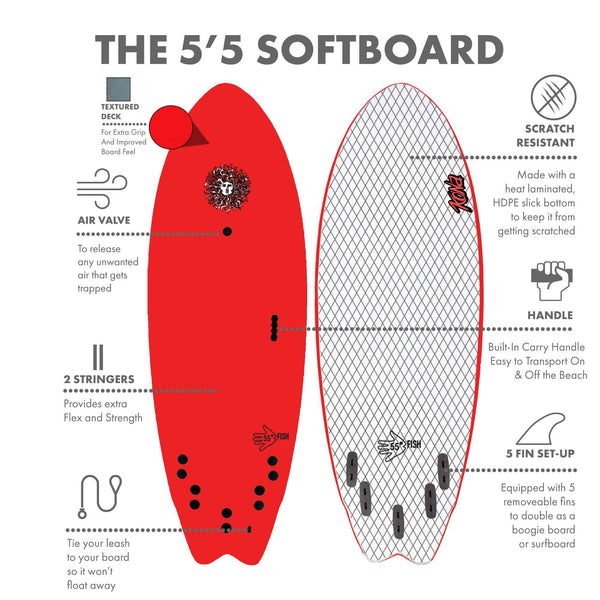 5-5 5ft 5in Fish - Soft Top Short Foam Surfboard for Beginners and Kids - Includes Leash and Fins - Red