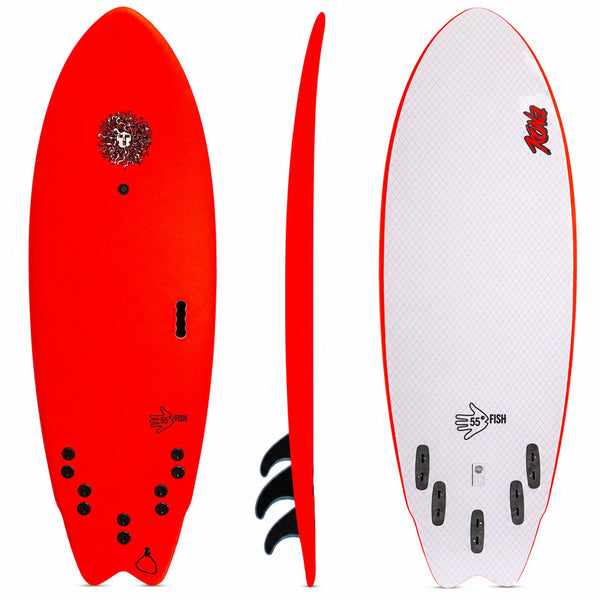 5-5 5ft 5in Fish - Soft Top Short Foam Surfboard for Beginners and Kids - Includes Leash and Fins - Red