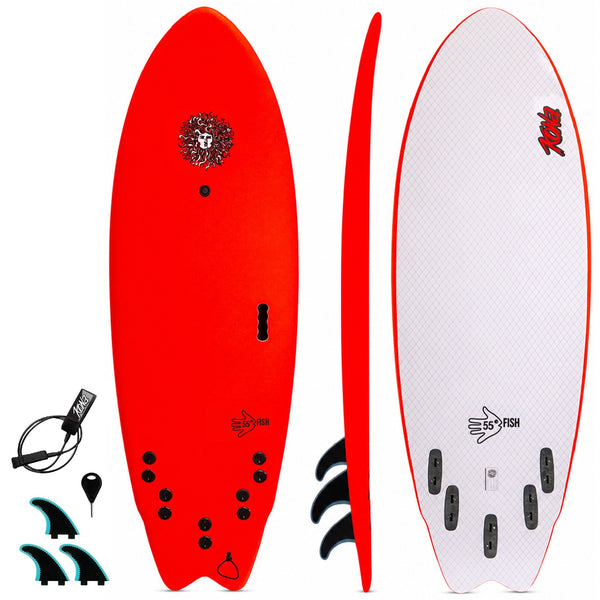 5-5 5ft 5in Fish - Soft Top Short Foam Surfboard for Beginners and Kids - Includes Leash and Fins - Red