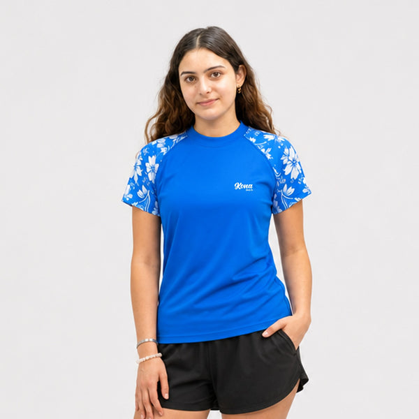 Script Stretch UV S/S Womens Rashguard - Light Blue Floral