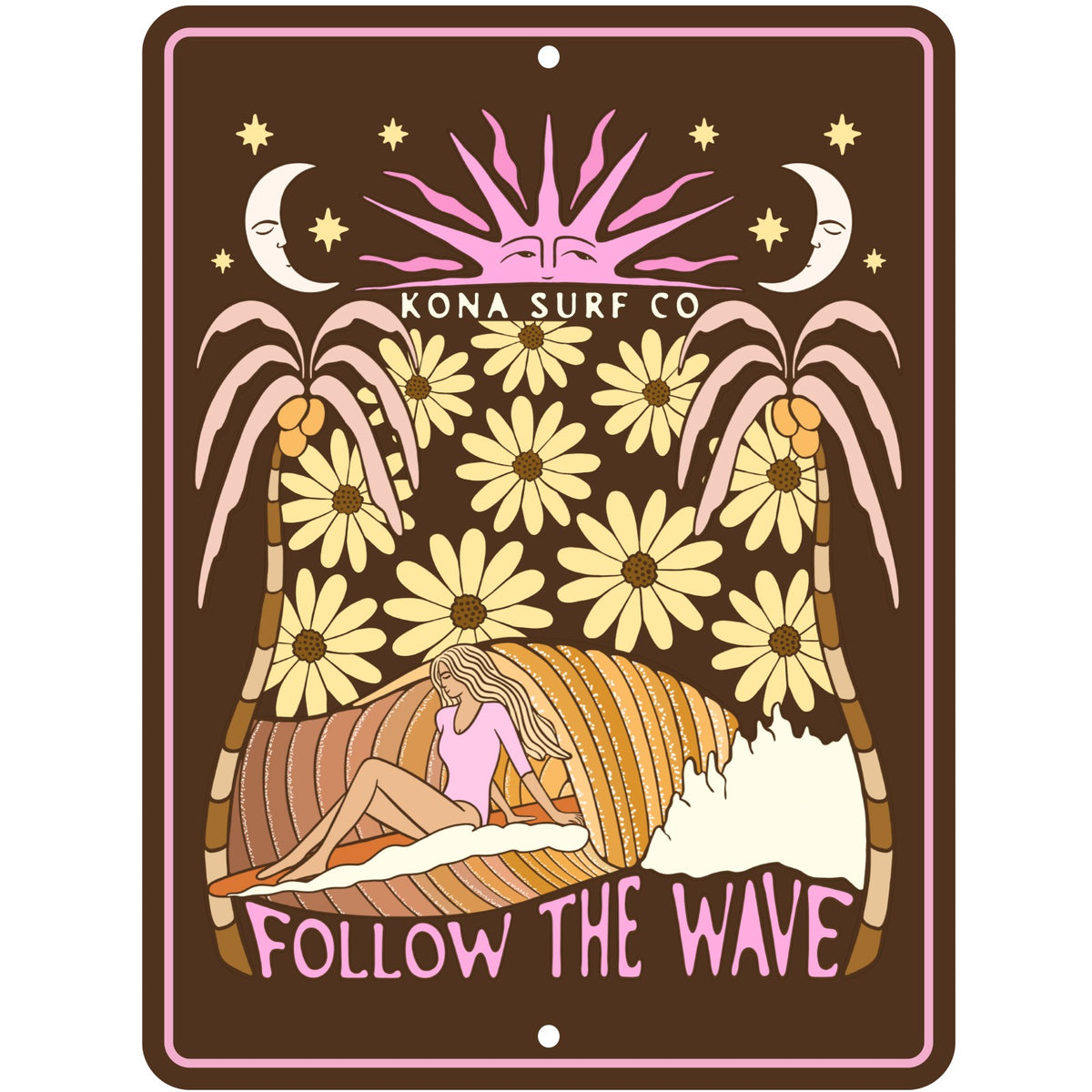 Moonlight Surfer Tin Sign - Brown/Pink