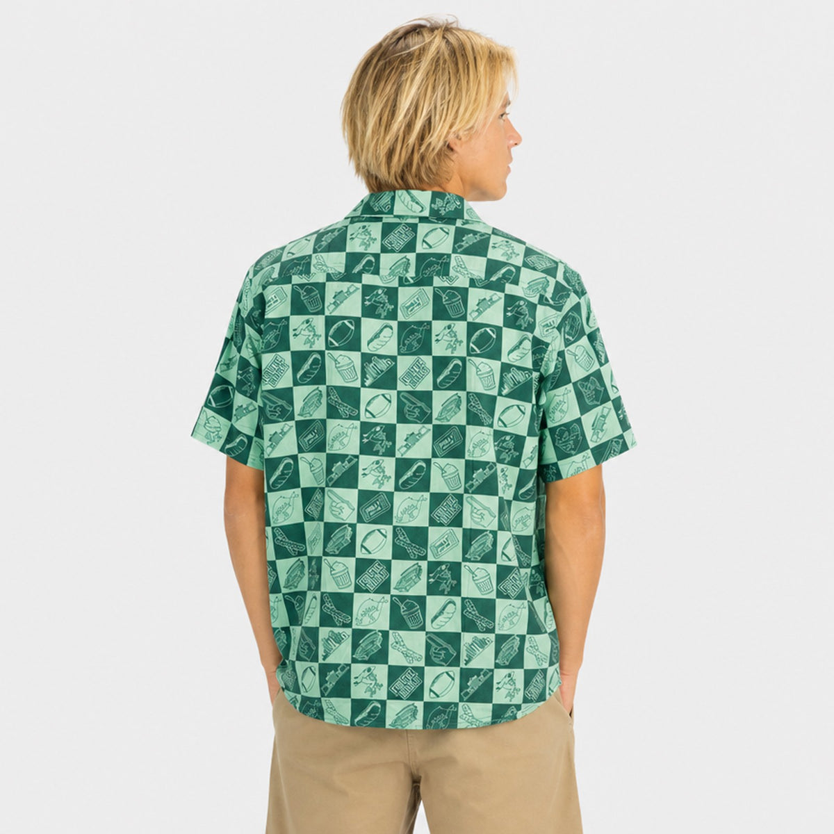 For the Birds Pattern Mens SS Woven - Checkered Green