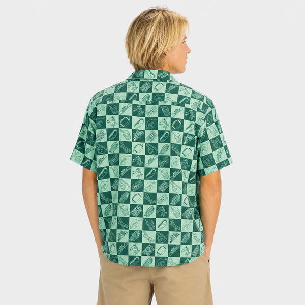 For the Birds Pattern Mens SS Woven - Checkered Green