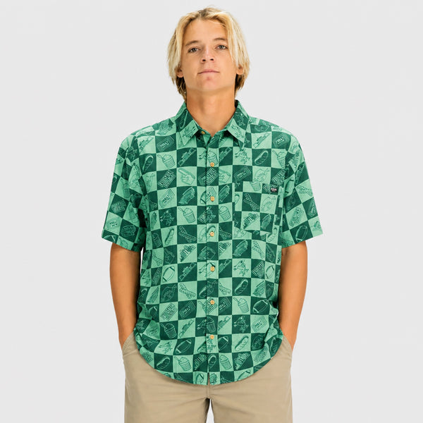 For the Birds Pattern Mens SS Woven - Checkered Green