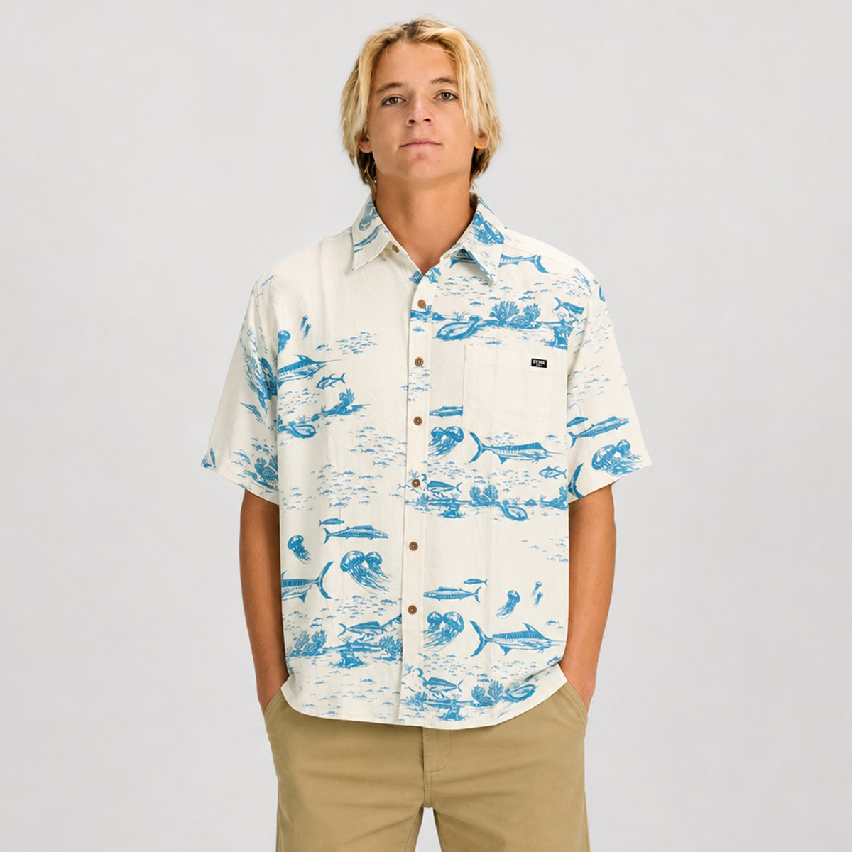 Ocean Lines Mens SS Woven - Bone/Ocean Blue