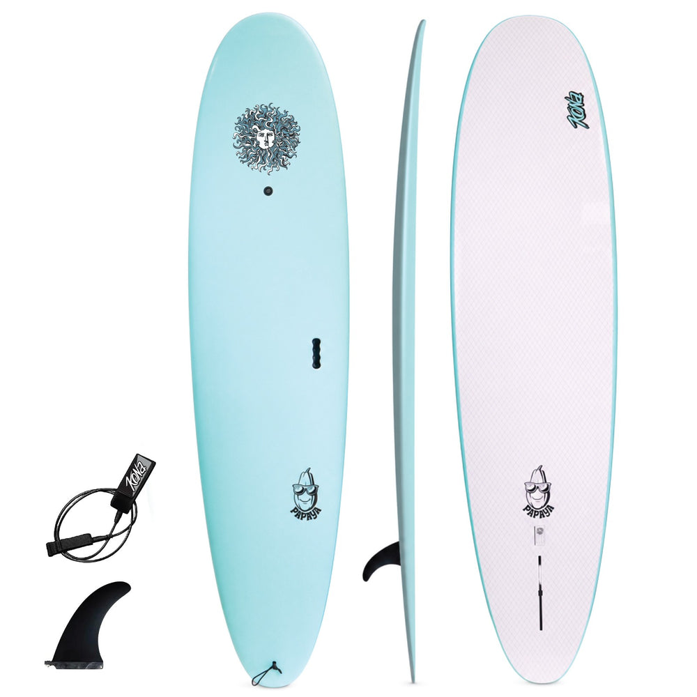 Papaya - Soft Top Foam Surfboard - Includes Leash and Fins - Aqua Blue