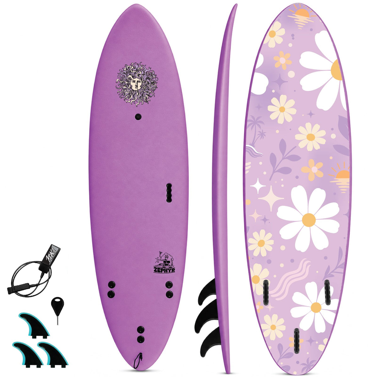 Zephyr - Soft Top Foam Surfboard - Includes Leash and Fins