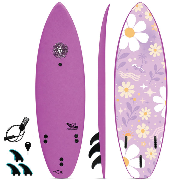 High Performance - Soft Top Foam Surfboard - Includes Leash and Fins