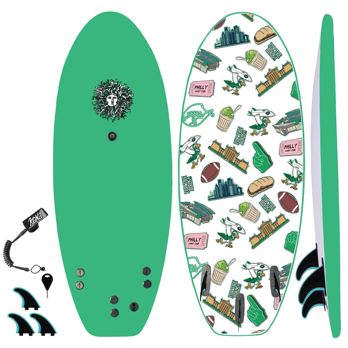 The 4-4 Soft Top Short Foam Surfboard for Beginners and Kids - Includes Leash + Fins - For the Birds