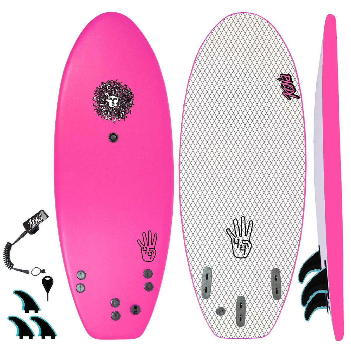 The 4-4 Soft Top Short Foam Surfboard for Beginners and Kids - Includes Leash + Fins - Pink