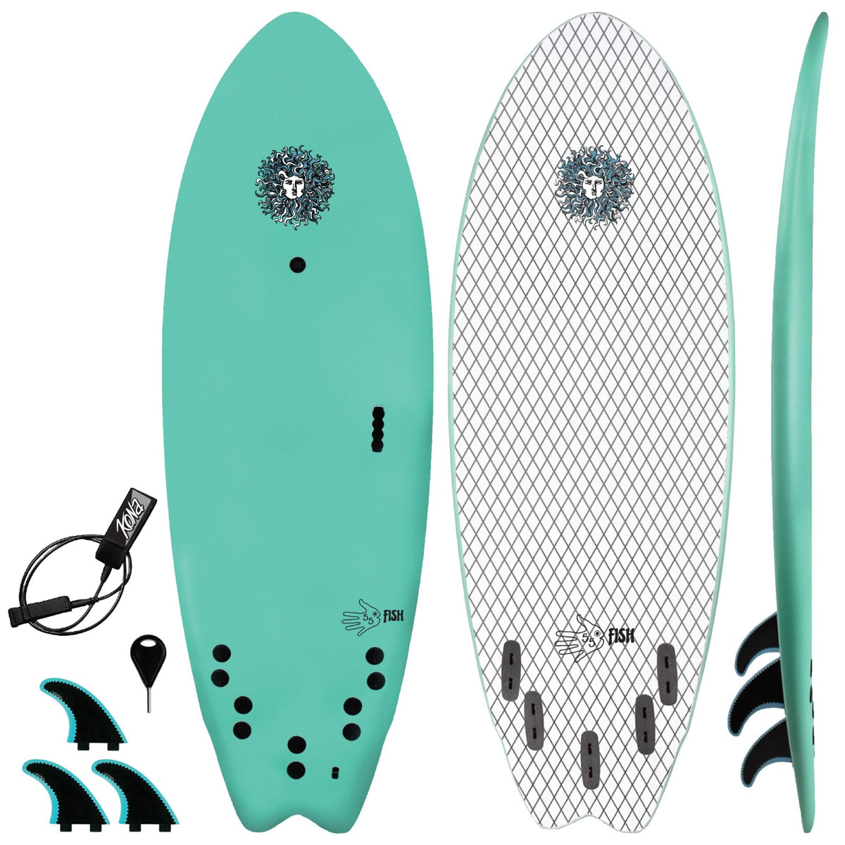 5-5 5ft 5in Fish - Soft Top Short Foam Surfboard for Beginners and Kids - Includes Leash and Fins