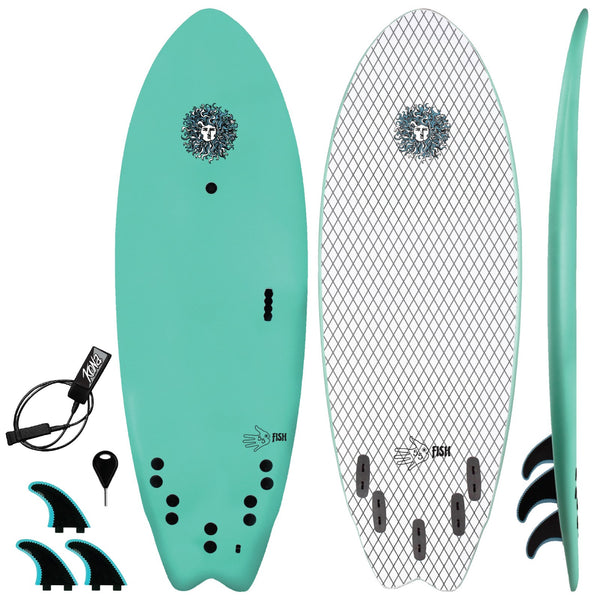 5-5 5ft 5in Fish - Soft Top Short Foam Surfboard for Beginners and Kids - Includes Leash and Fins