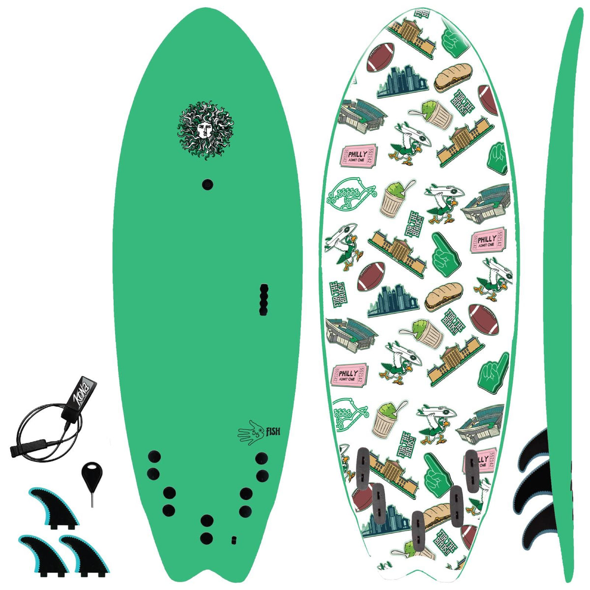 5-5 Soft Top Short Foam Surfboard for Beginners and Kids - Includes Leash + Fins - Green For the Birds