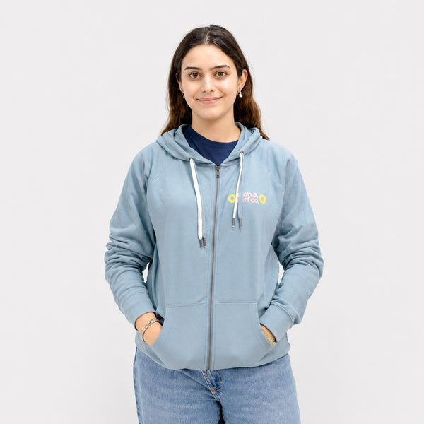Sun Badge Womens Zip Hoodie - Misty Blue