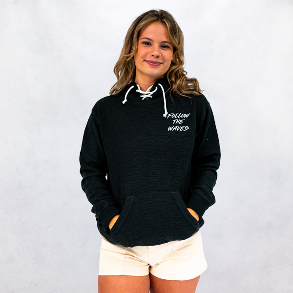 Follow the Waves Brush Womens Baja Pullover Hoodie - Black